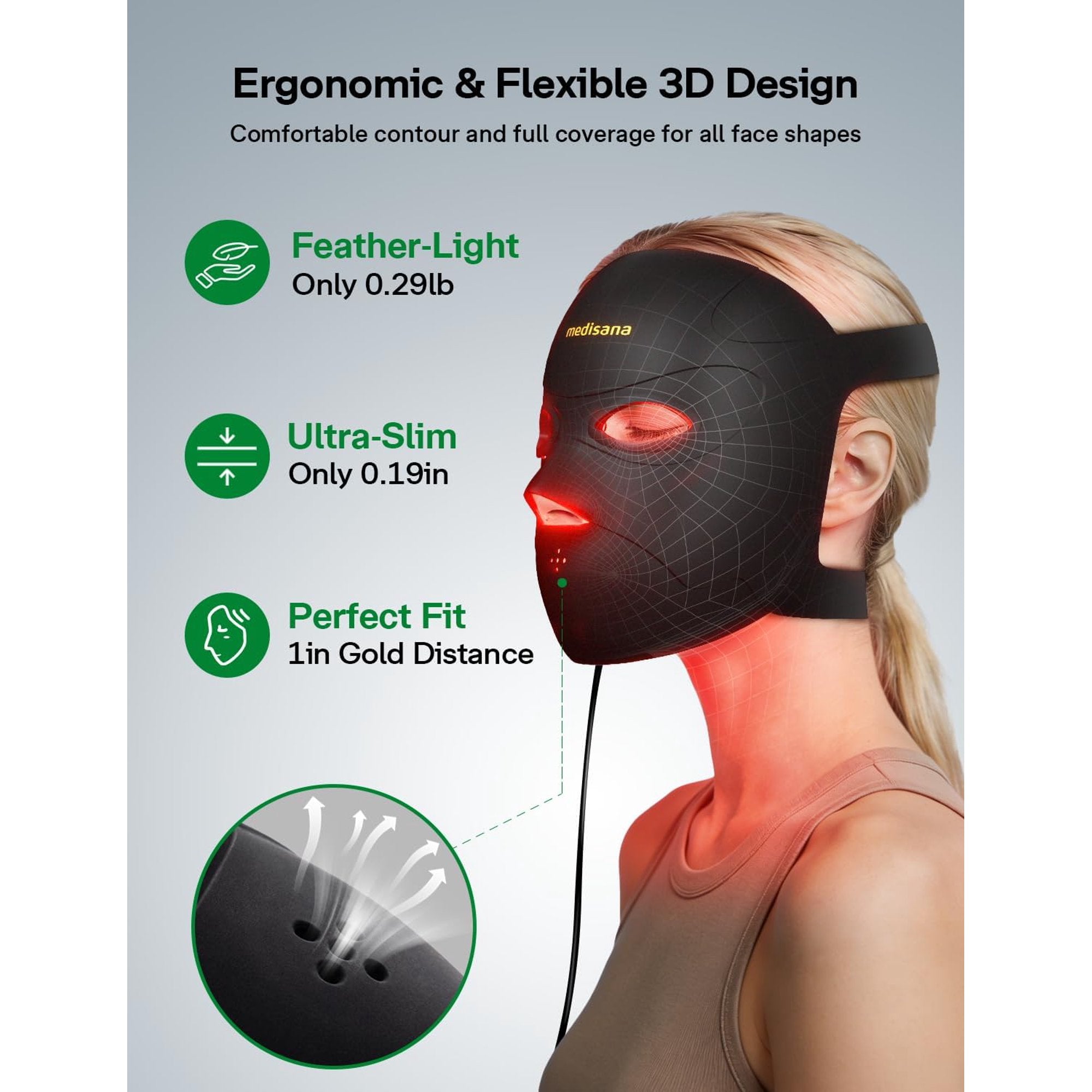Medisana Red Light Therapy Face Mask with 3 Modes (850nm NIR) | LED Facial Mask for Anti-Aging, Acne & Skin Rejuvenation | Cordless 3D Fit, 336 LEDs, Rechargeable 5200mAh