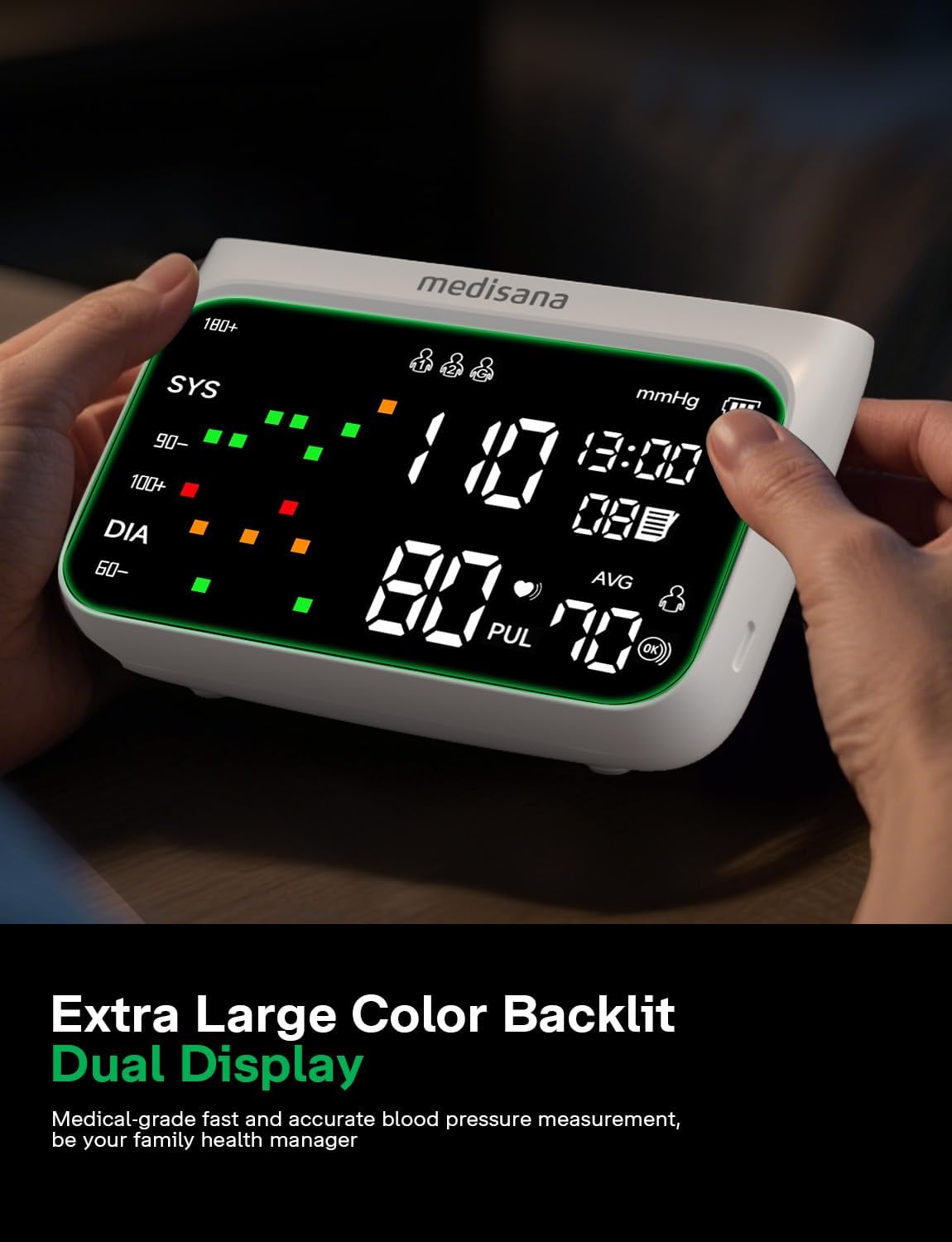 Medisana BU800 Blood Pressure Monitors for Home Use, Rechargeable Upper Arm Blood Pressure Monitor with Large LED Backlit Display, Adjustable Blood Pressure Cuff 9-17