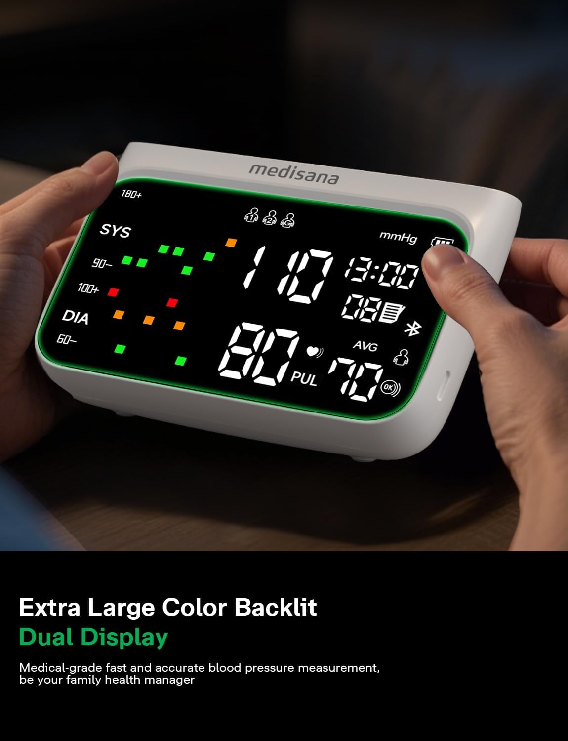 Medisana BU750 Cordless Arm Blood Pressure Monitor, Bluetooth Smart Blood Pressure Monitors for Home Use with App Tracking, Blood Pressure Machine with LED Color Dual-Display, Extra-Large Adult Cuff