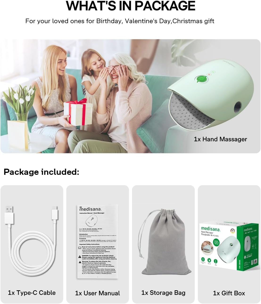 Medisana Hand Massager with Heat and Compression, Cordless Hand Massager for Arthritis and Carpal Tunnel Relief, Knuckle Stretching Massage,Birthday Gifts for Women