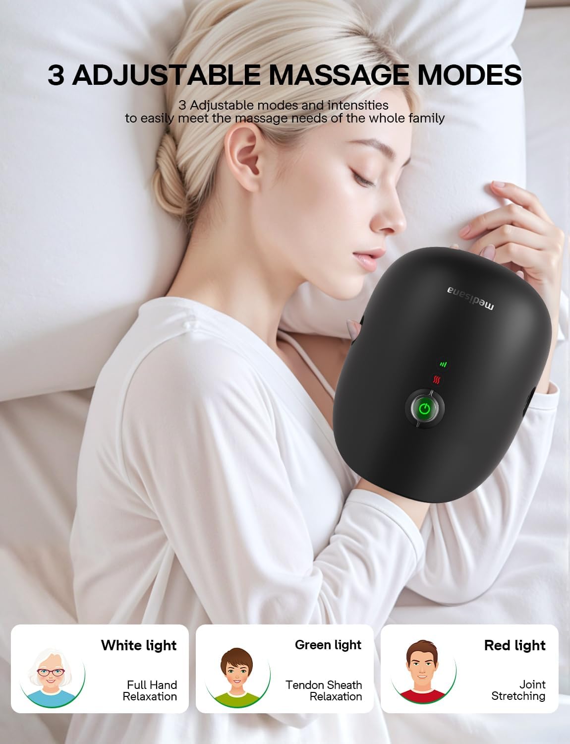 Medisana Hand Massager with Heat and Compression, Cordless Hand Massager for Arthritis and Carpal Tunnel Relief, Knuckle Stretching Massage,Birthday Gifts for Women or Men-White