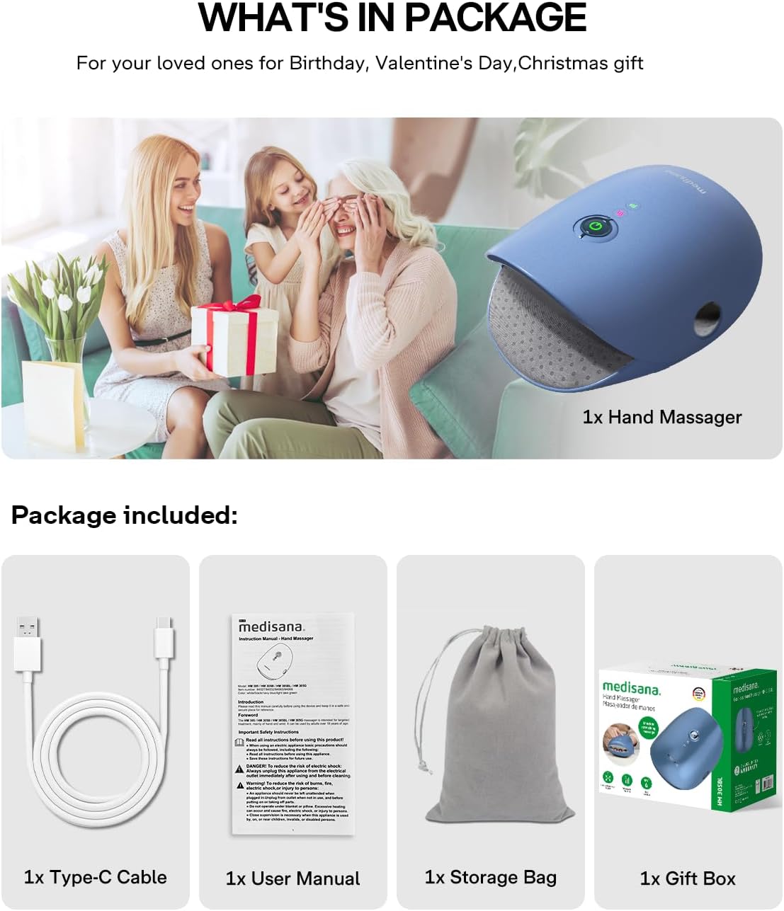 Medisana Hand Massager with Heat and Compression, Cordless Hand Massager for Arthritis and Carpal Tunnel Relief, Knuckle Stretching Massage,Birthday Gifts for Women