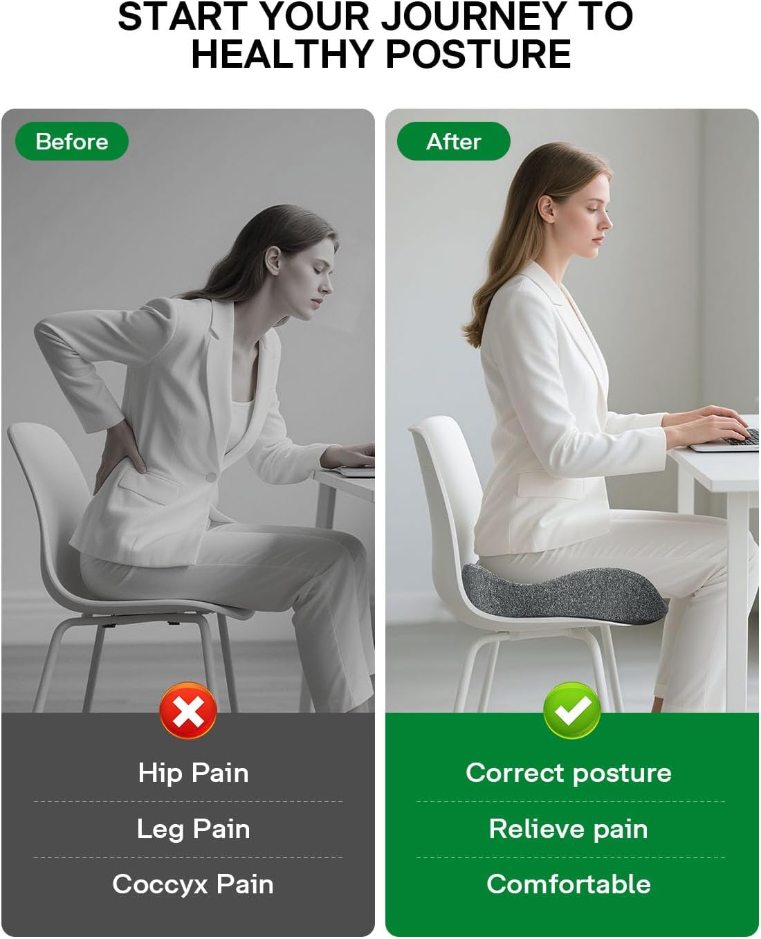 Seat Cushion, SC 200G Seat Cushions for Office Chairs, Car Seat, Wheelchair - Sciatica & Tailbone & Coccyx Pain Relief Pillow for Driver Sedentary People（Size:22.8 * 16.5 * 4.3 in-Grey）