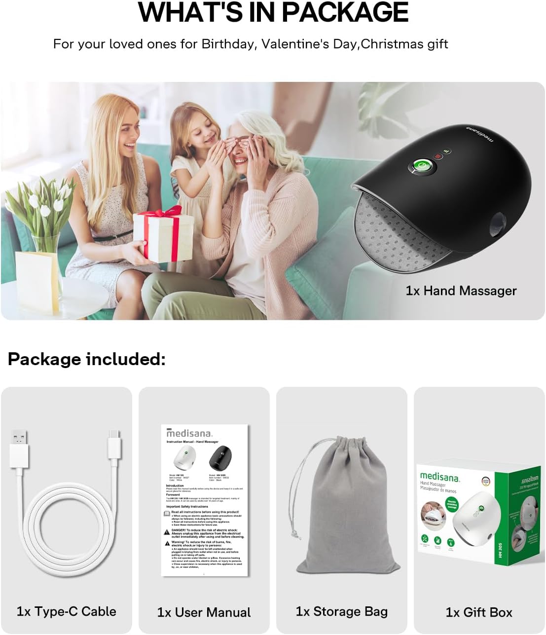 Medisana Hand Massager with Heat and Compression, Cordless Hand Massager for Arthritis and Carpal Tunnel Relief, Knuckle Stretching Massage,Birthday Gifts for Women or Men-White