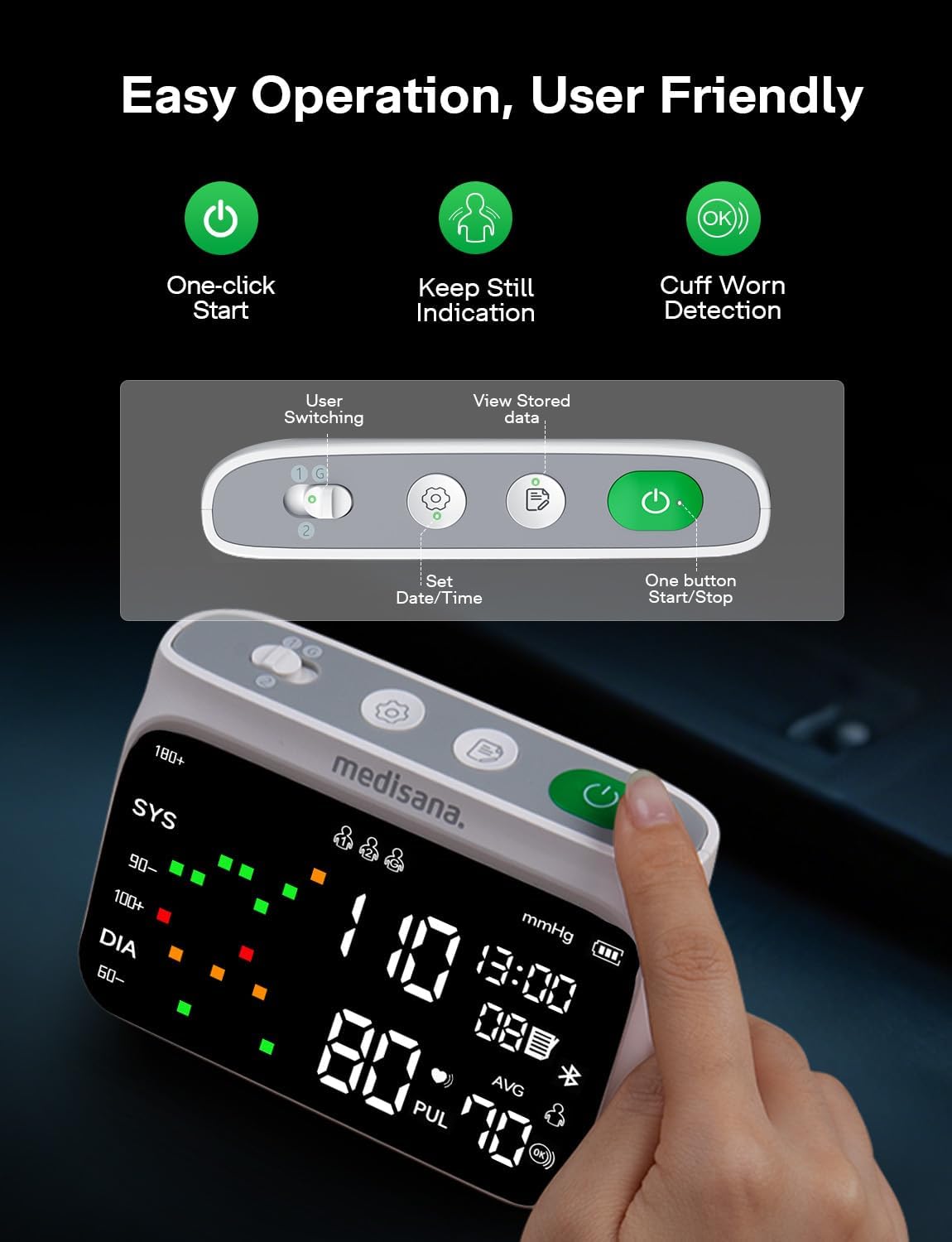 Medisana BU800 Blood Pressure Monitors for Home Use, Rechargeable Upper Arm Blood Pressure Monitor with Large LED Backlit Display, Adjustable Blood Pressure Cuff 9-17