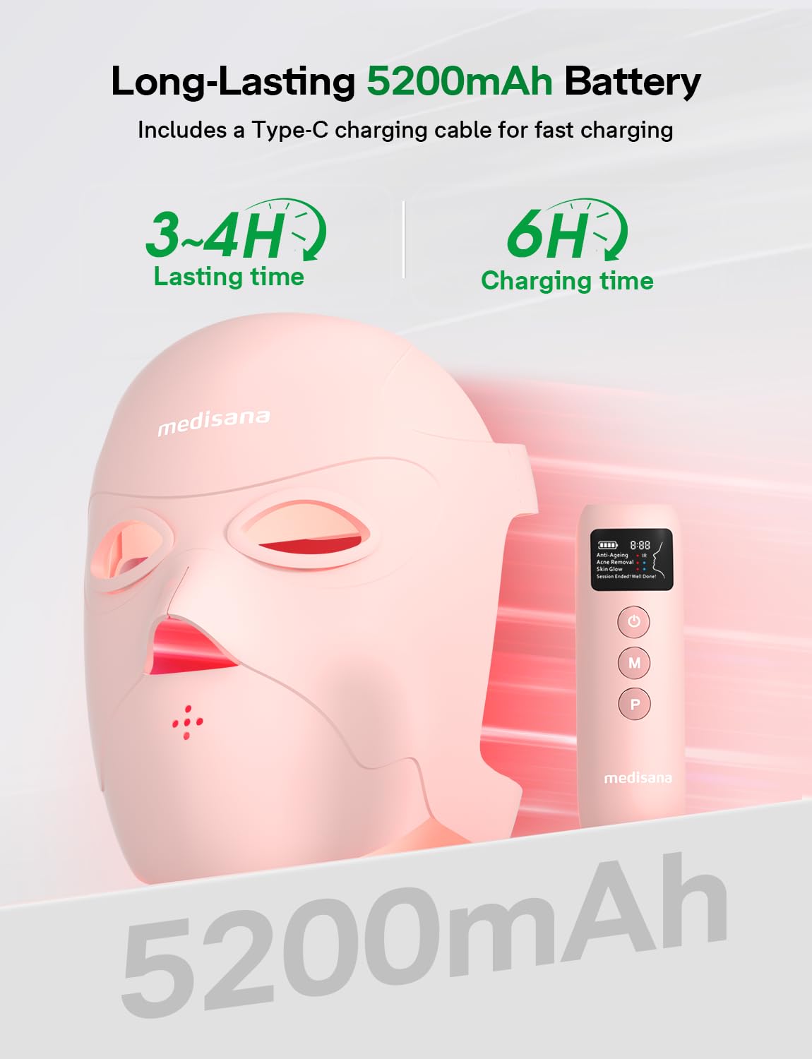 Medisana Red Light Therapy Face Mask with 3 Modes (850nm NIR) | LED Facial Mask for Anti-Aging, Acne & Skin Rejuvenation | Cordless 3D Fit, 336 LEDs, Rechargeable 5200mAh