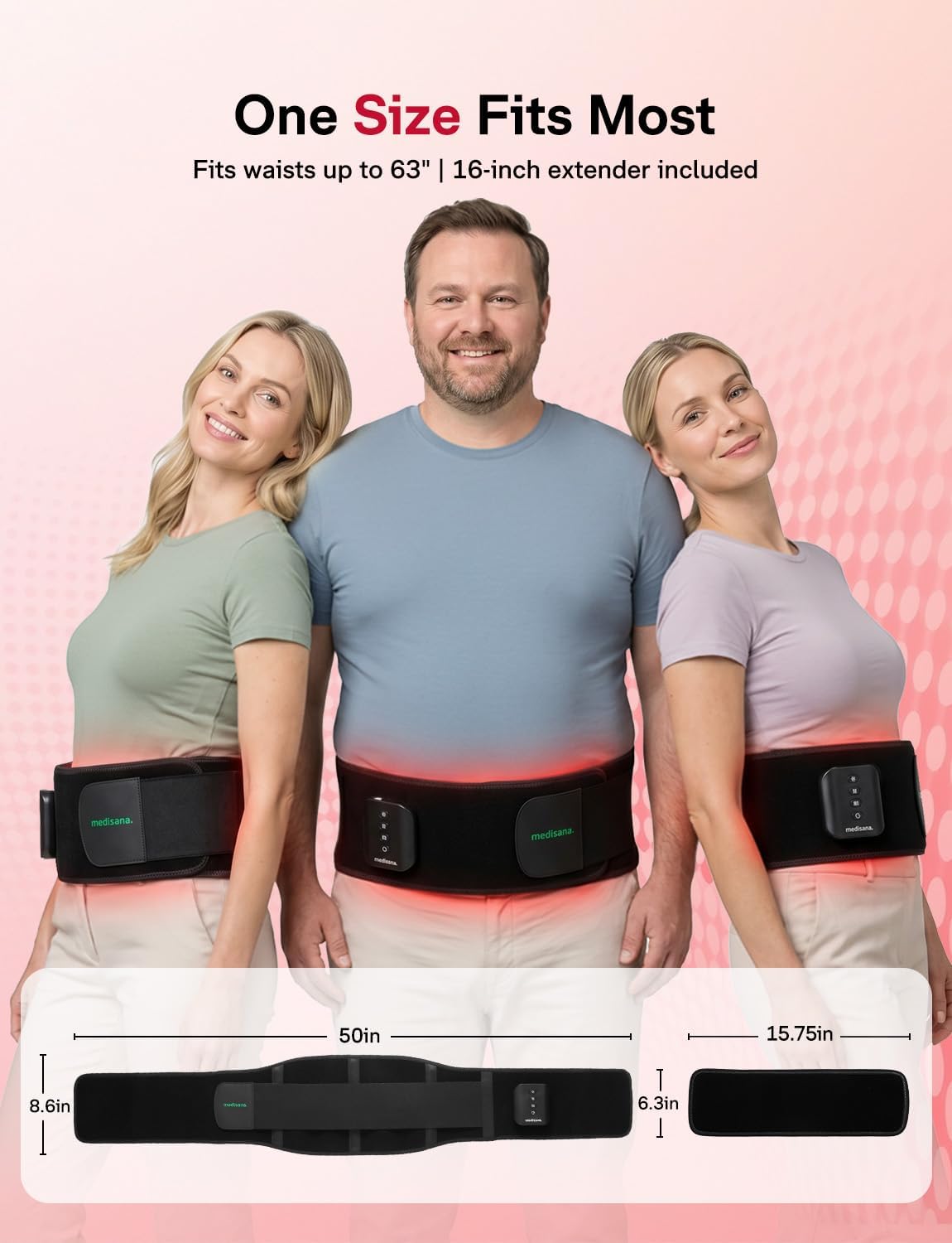 Medisana Red Light Therapy for Body, Upgraded 3-in-1 Cordless Red Light Therapy Belt with 3-Mode Red Light, Vibration & Heating, Adjustable Fit 660nm/850nm Infrared Red Light Therapy for Back Pain