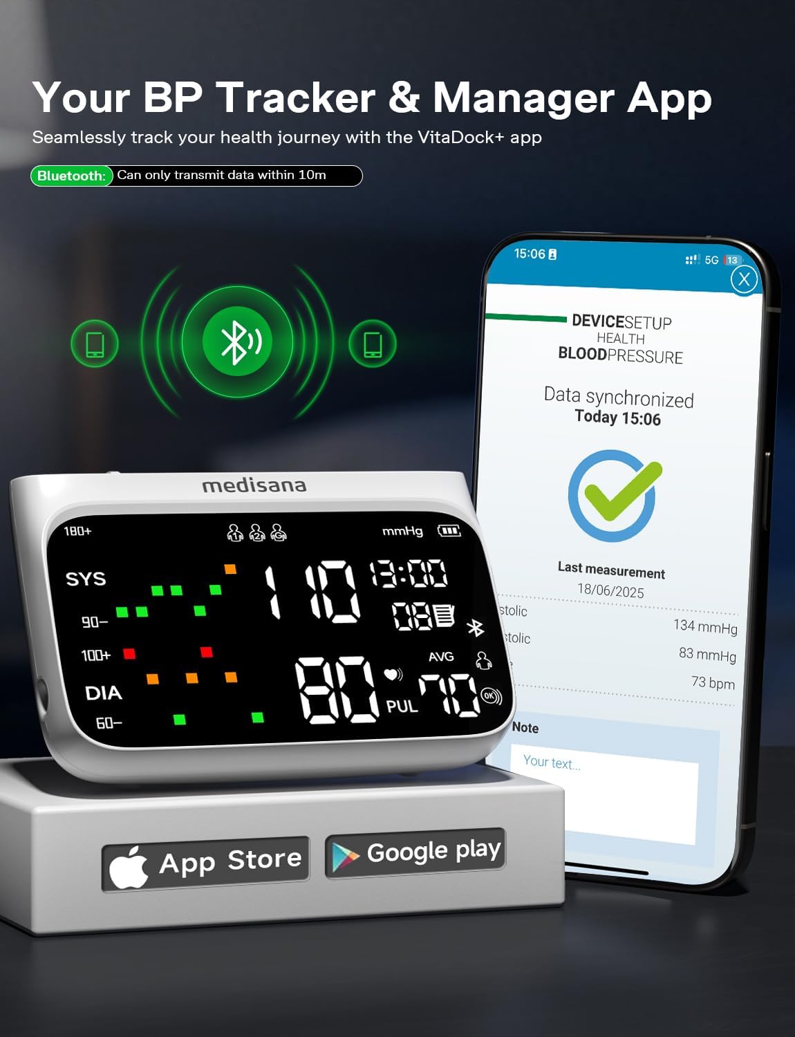 Medisana BU750 Cordless Arm Blood Pressure Monitor, Bluetooth Smart Blood Pressure Monitors for Home Use with App Tracking, Blood Pressure Machine with LED Color Dual-Display, Extra-Large Adult Cuff