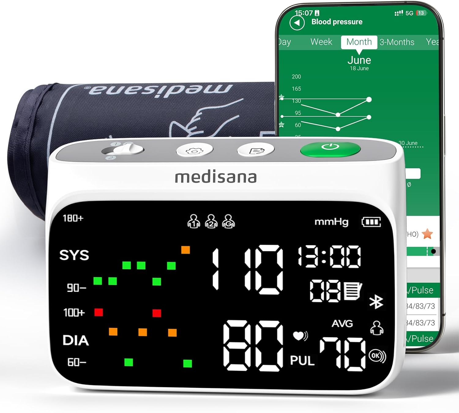Medisana BU750 Cordless Arm Blood Pressure Monitor, Bluetooth Smart Blood Pressure Monitors for Home Use with App Tracking, Blood Pressure Machine with LED Color Dual-Display, Extra-Large Adult Cuff