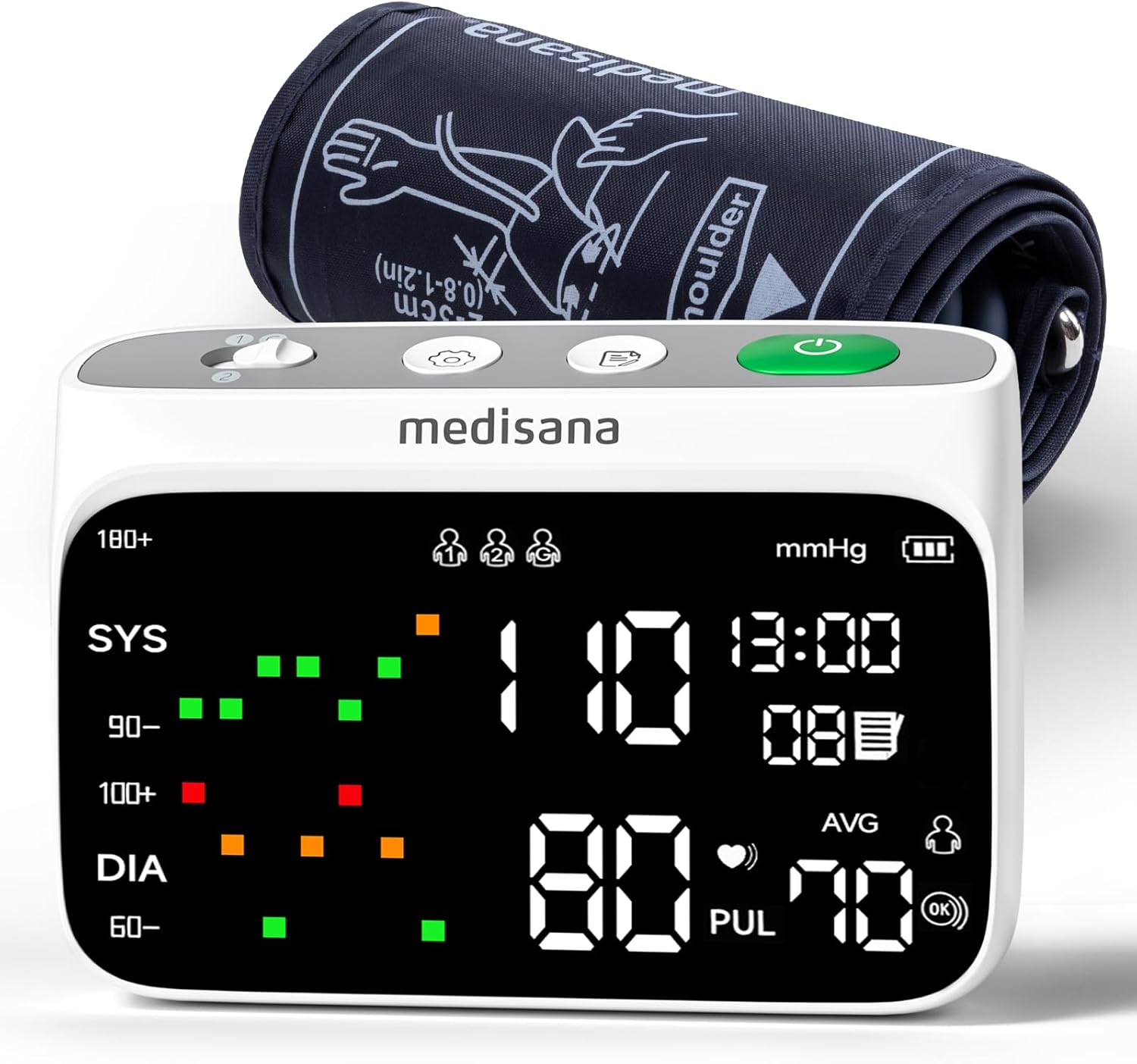Medisana BU800 Blood Pressure Monitors for Home Use, Rechargeable Upper Arm Blood Pressure Monitor with Large LED Backlit Display, Adjustable Blood Pressure Cuff 9-17