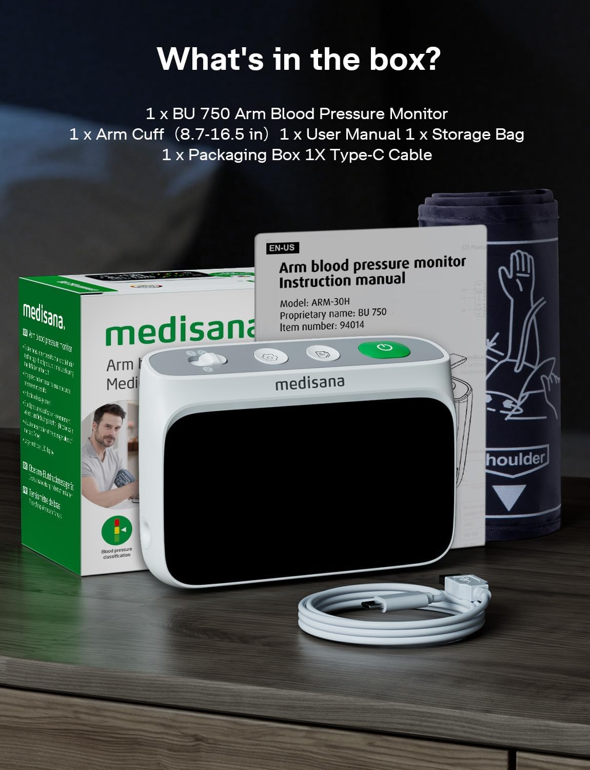 Medisana BU800 Blood Pressure Monitors for Home Use, Rechargeable Upper Arm Blood Pressure Monitor with Large LED Backlit Display, Adjustable Blood Pressure Cuff 9-17