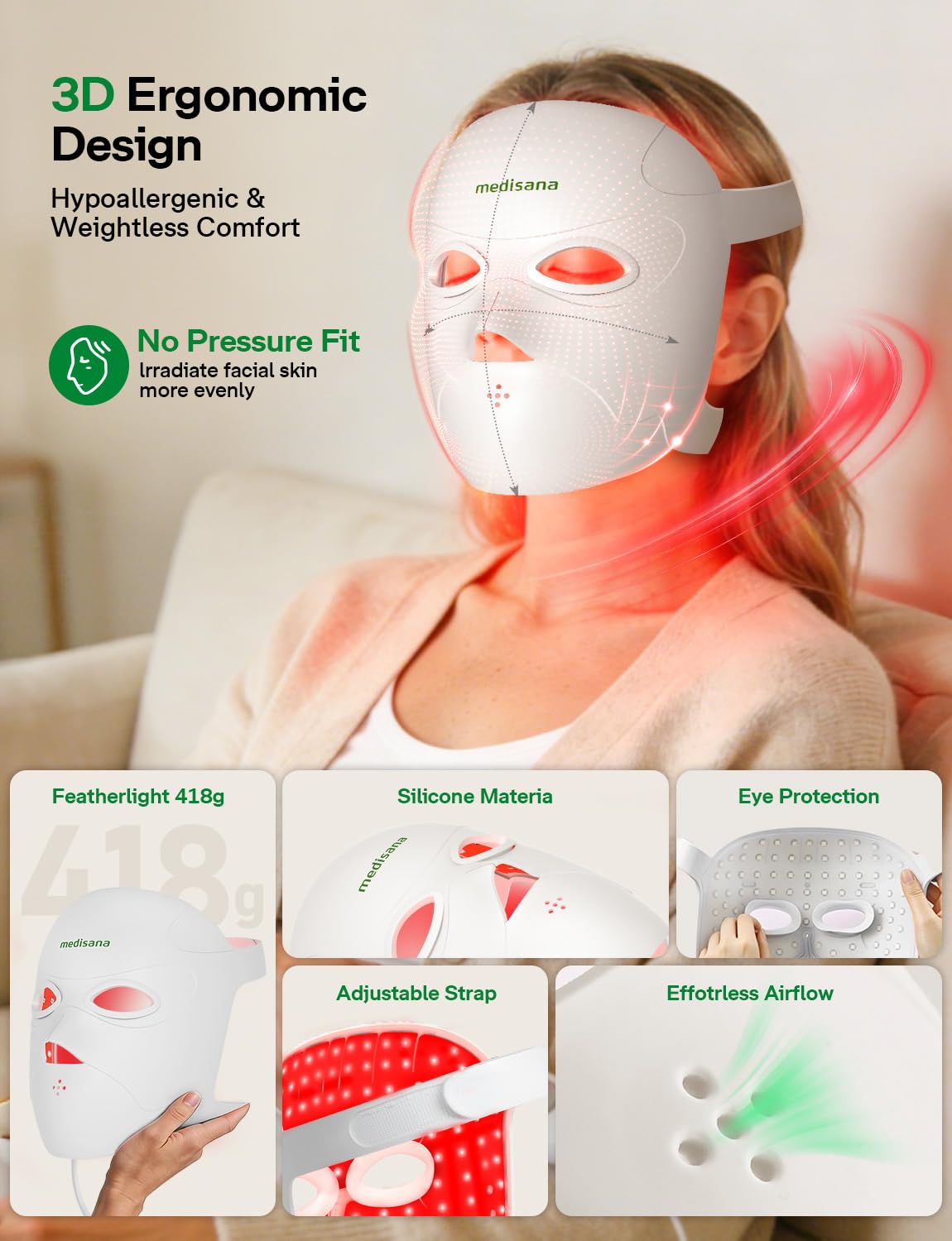 Medisana Red Light Therapy Face Mask with 3 Modes (850nm NIR) | LED Facial Mask for Anti-Aging, Acne & Skin Rejuvenation | Cordless 3D Fit, 336 LEDs, Rechargeable 5200mAh