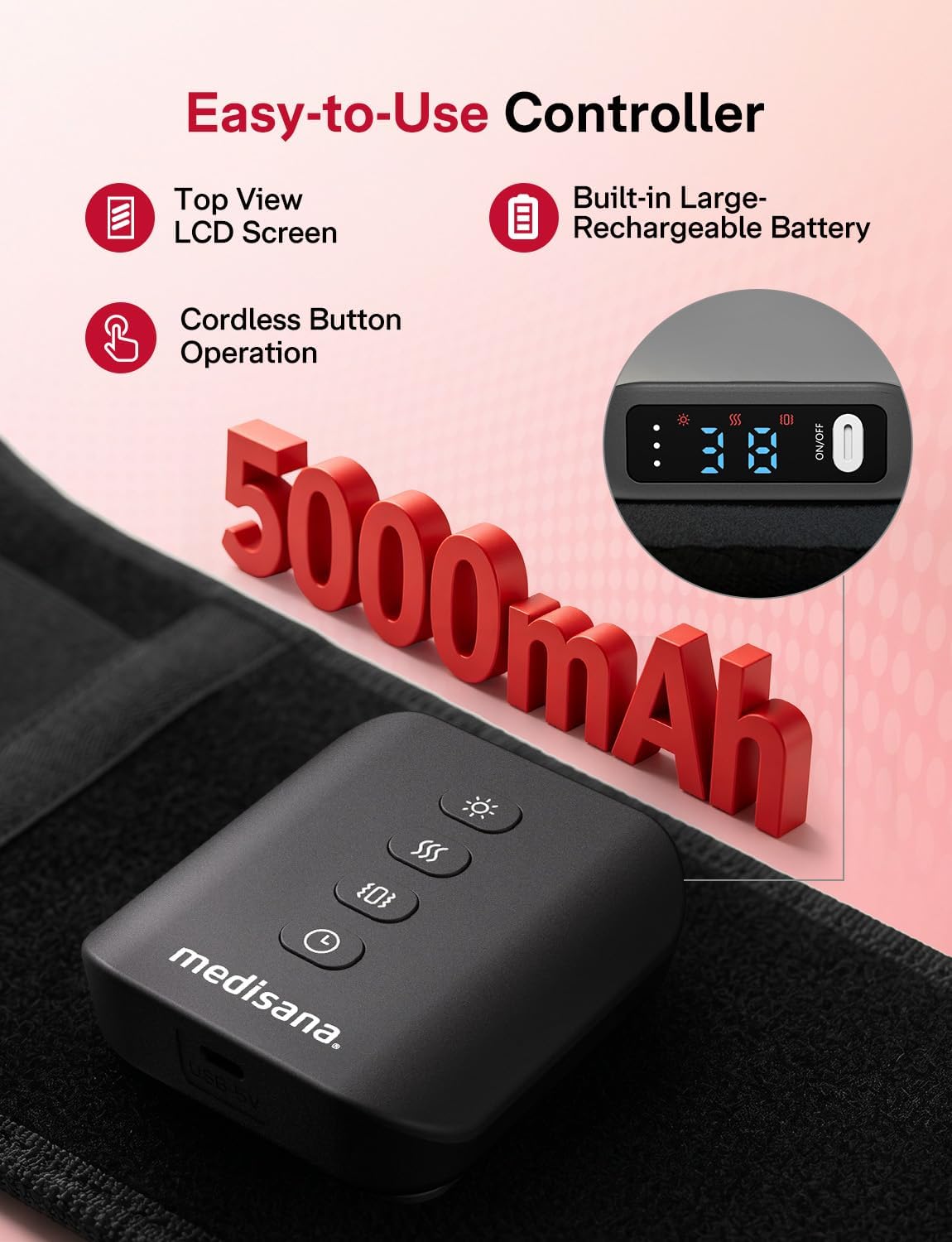 Medisana Red Light Therapy for Body, Upgraded 3-in-1 Cordless Red Light Therapy Belt with 3-Mode Red Light, Vibration & Heating, Adjustable Fit 660nm/850nm Infrared Red Light Therapy for Back Pain