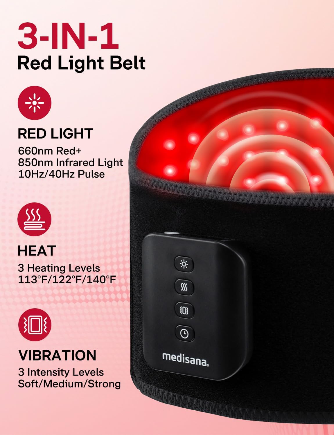 Medisana Red Light Therapy for Body, Upgraded 3-in-1 Cordless Red Light Therapy Belt with 3-Mode Red Light, Vibration & Heating, Adjustable Fit 660nm/850nm Infrared Red Light Therapy for Back Pain