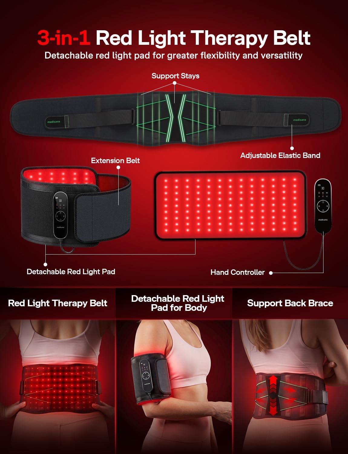 Medisana RL600 Red Light Therapy for Body, 351pcs LEDs (660nm+850nm) Back Pain