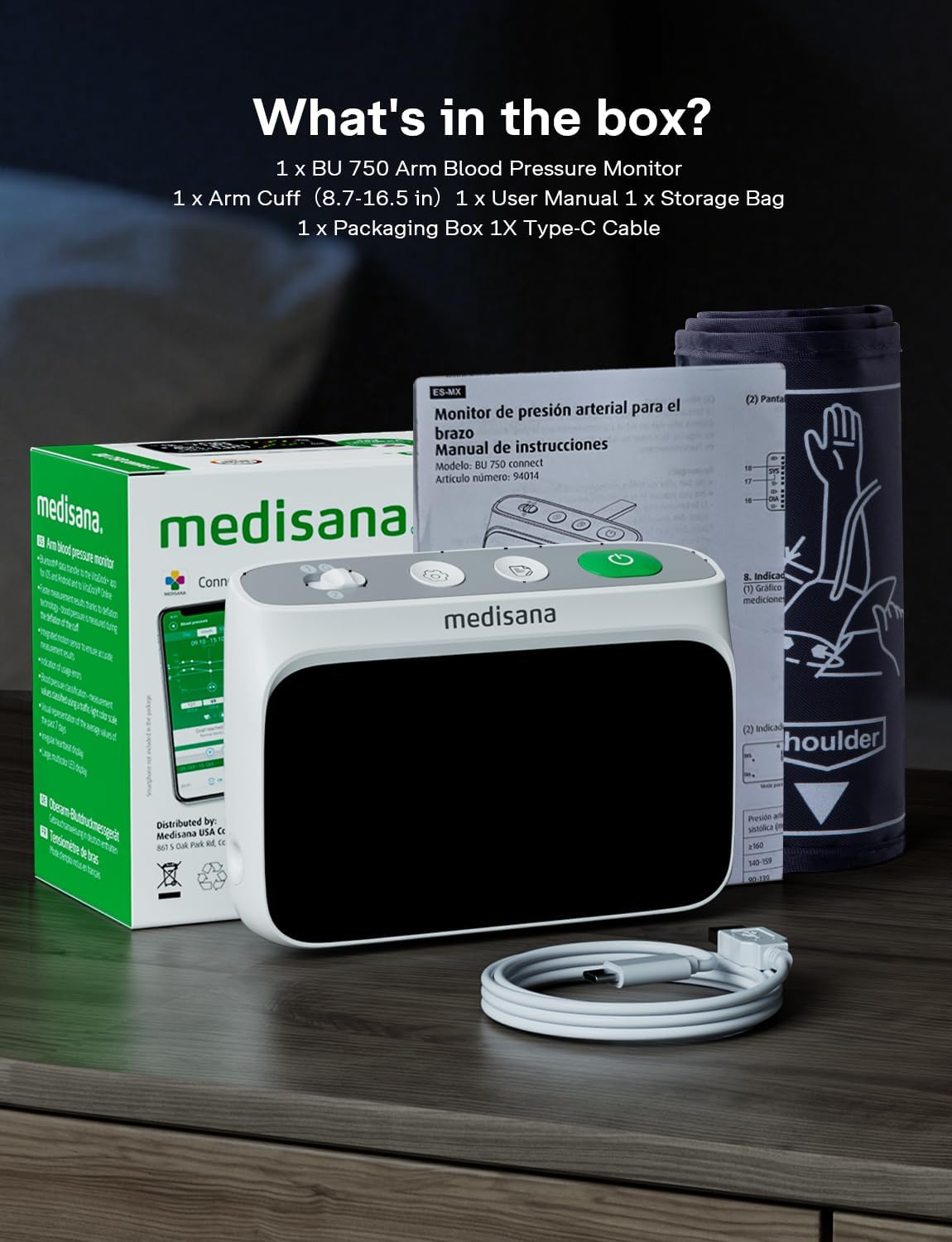 Medisana BU750 Cordless Arm Blood Pressure Monitor, Bluetooth Smart Blood Pressure Monitors for Home Use with App Tracking, Blood Pressure Machine with LED Color Dual-Display, Extra-Large Adult Cuff