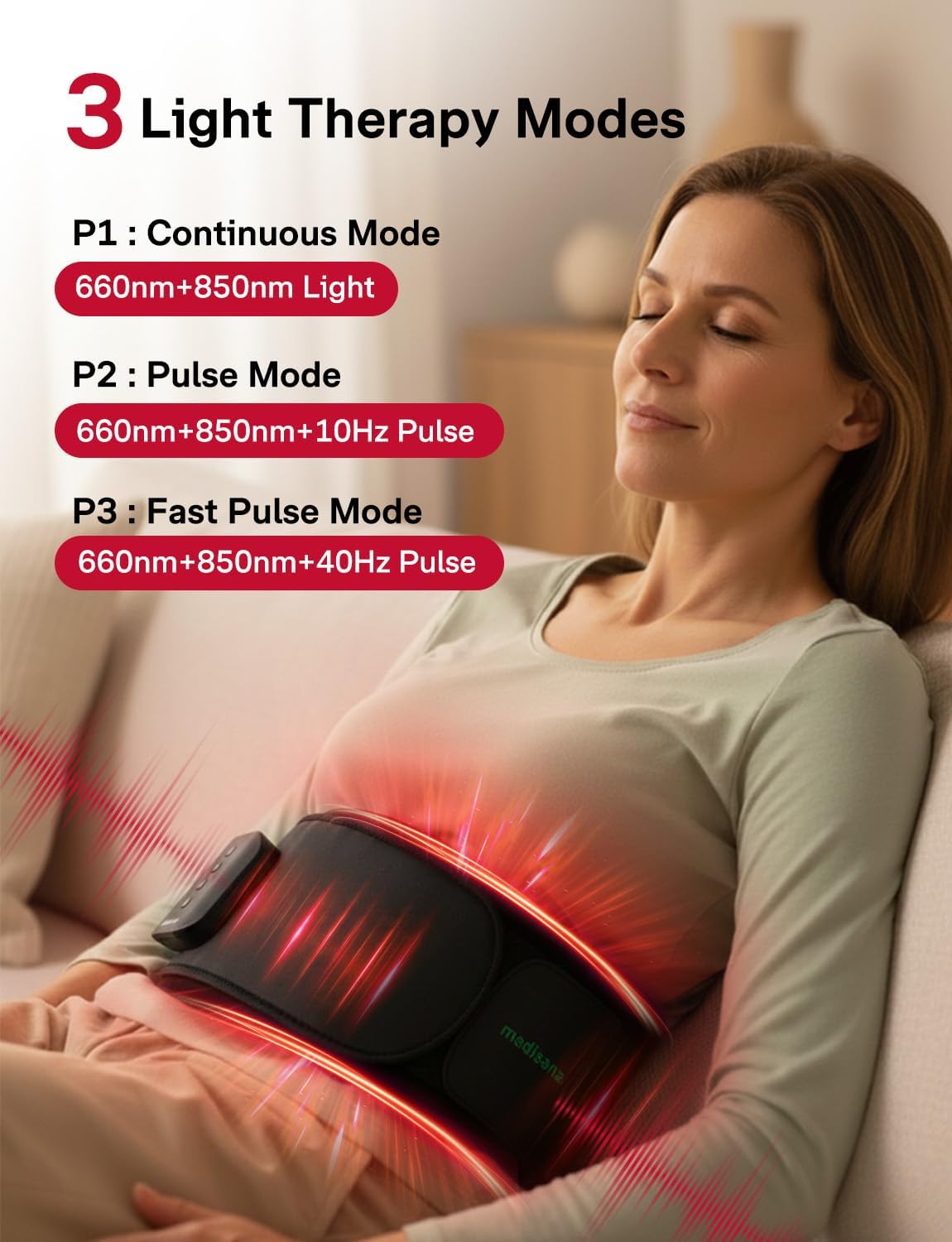 Medisana Red Light Therapy for Body, Upgraded 3-in-1 Cordless Red Light Therapy Belt with 3-Mode Red Light, Vibration & Heating, Adjustable Fit 660nm/850nm Infrared Red Light Therapy for Back Pain