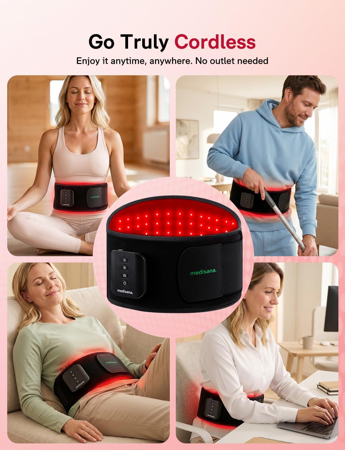 Medisana Red Light Therapy for Body, Upgraded 3-in-1 Cordless Red Light Therapy Belt with 3-Mode Red Light, Vibration & Heating, Adjustable Fit 660nm/850nm Infrared Red Light Therapy for Back Pain