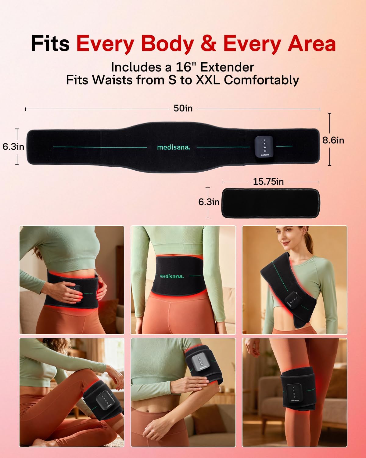 Medisana 3-in-1 Red Light Therapy Belt, Cordless Infrared Red Light Therapy for Body with Multi-Mode Red Light/Pulse/Heat/Vibration - 660nm/850nm for Muscle Pain Relief, Portable for Waist Back Knee