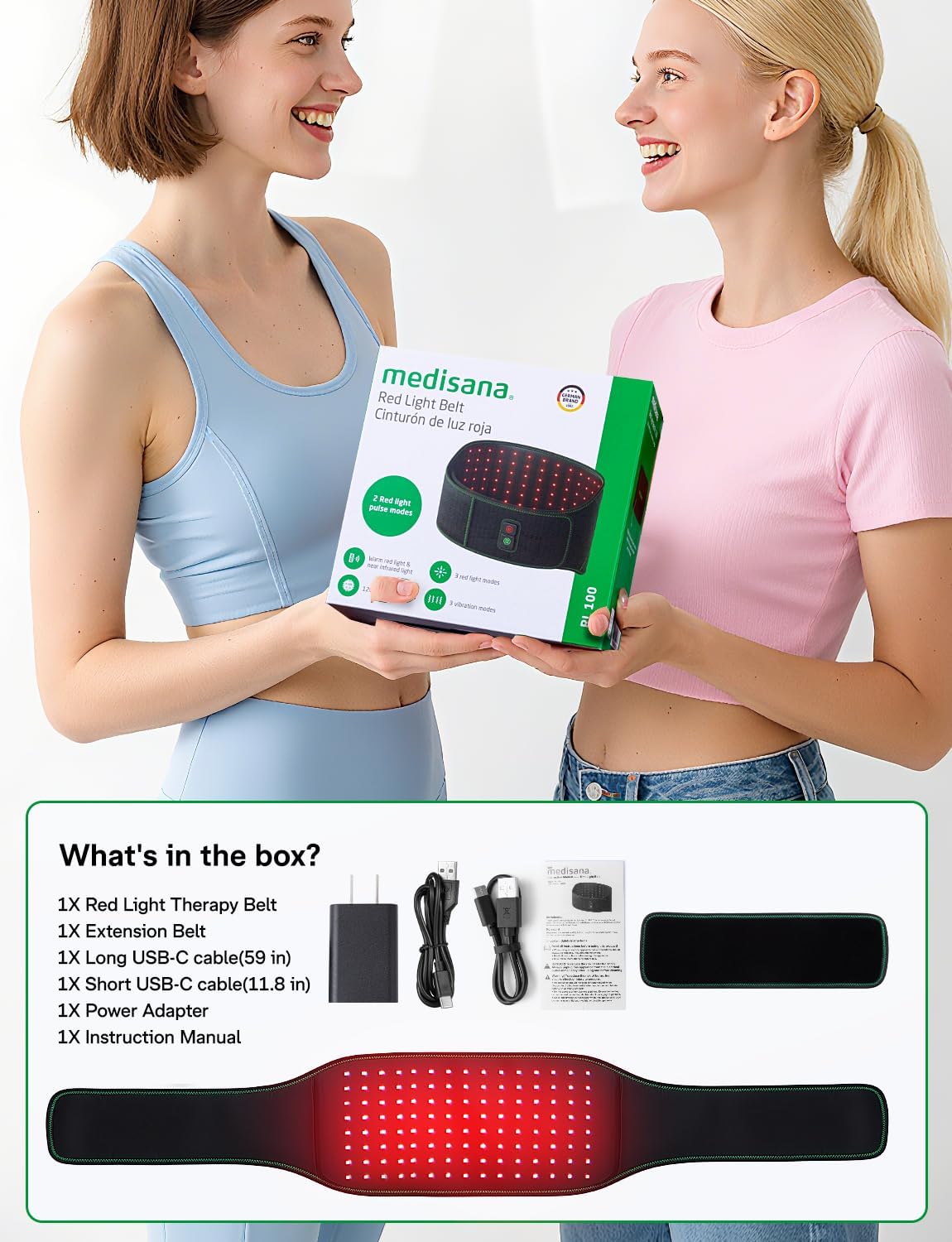 Medisana Red Light Therapy Belt for Back Pain Relief, Infrared Light Therapy for Body with 660nm/850nm Light, 3 Vibration Massage Mode, Timer for Home, Office, Travel Use on Lower Back, Waist