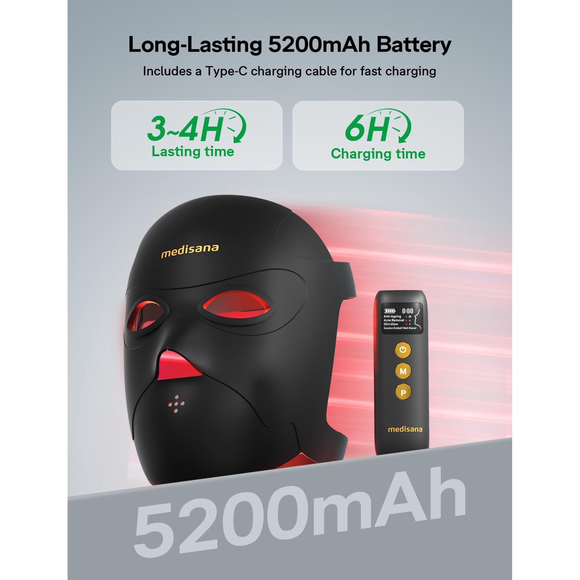 Medisana Red Light Therapy Face Mask with 3 Modes (850nm NIR) | LED Facial Mask for Anti-Aging, Acne & Skin Rejuvenation | Cordless 3D Fit, 336 LEDs, Rechargeable 5200mAh