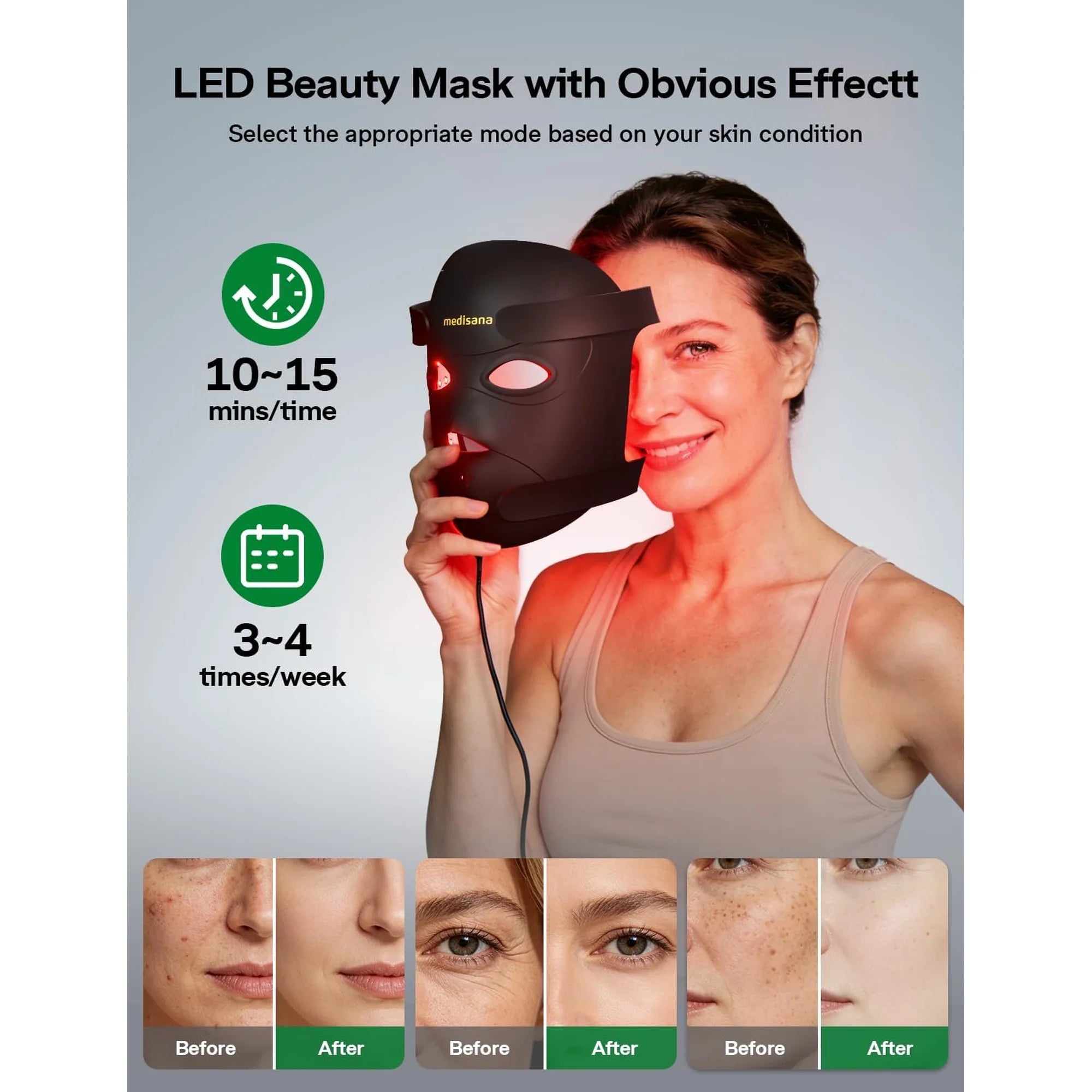 Medisana Red Light Therapy Face Mask with 3 Modes (850nm NIR) | LED Facial Mask for Anti-Aging, Acne & Skin Rejuvenation | Cordless 3D Fit, 336 LEDs, Rechargeable 5200mAh